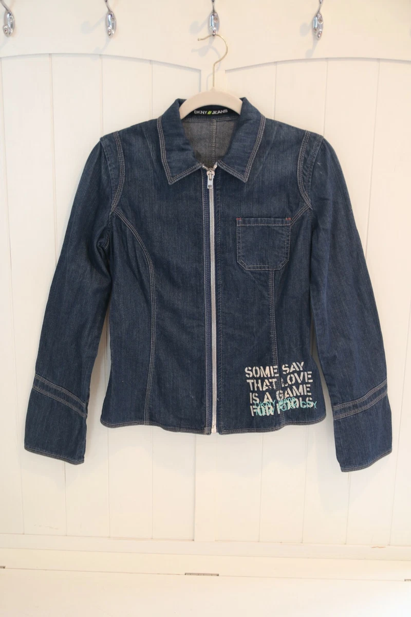 Dkny Jeans Denim Jacket Top Womens Sz M Jean Coat Zip Up Embroidered