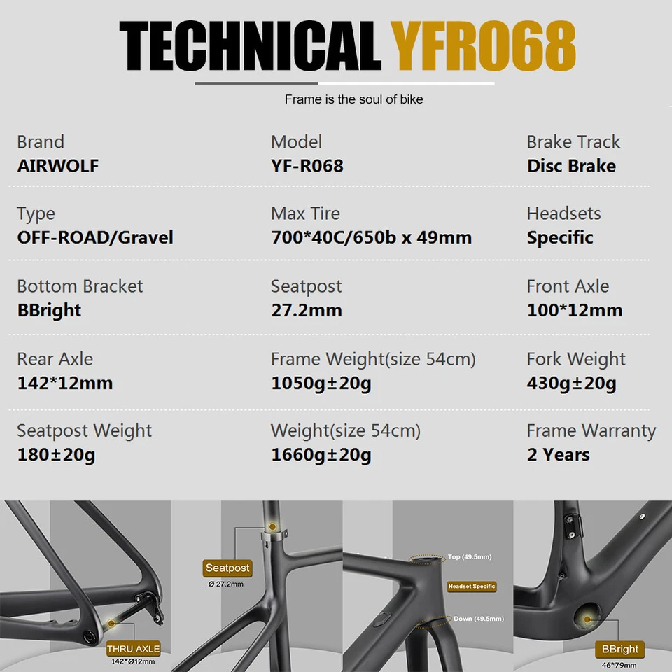 AIRWOLF T1100 Carbon Gravel Fahrrad Rahemen Laufradsatz Rennrad Reiserad Fahrräd - Bild 2 von 4