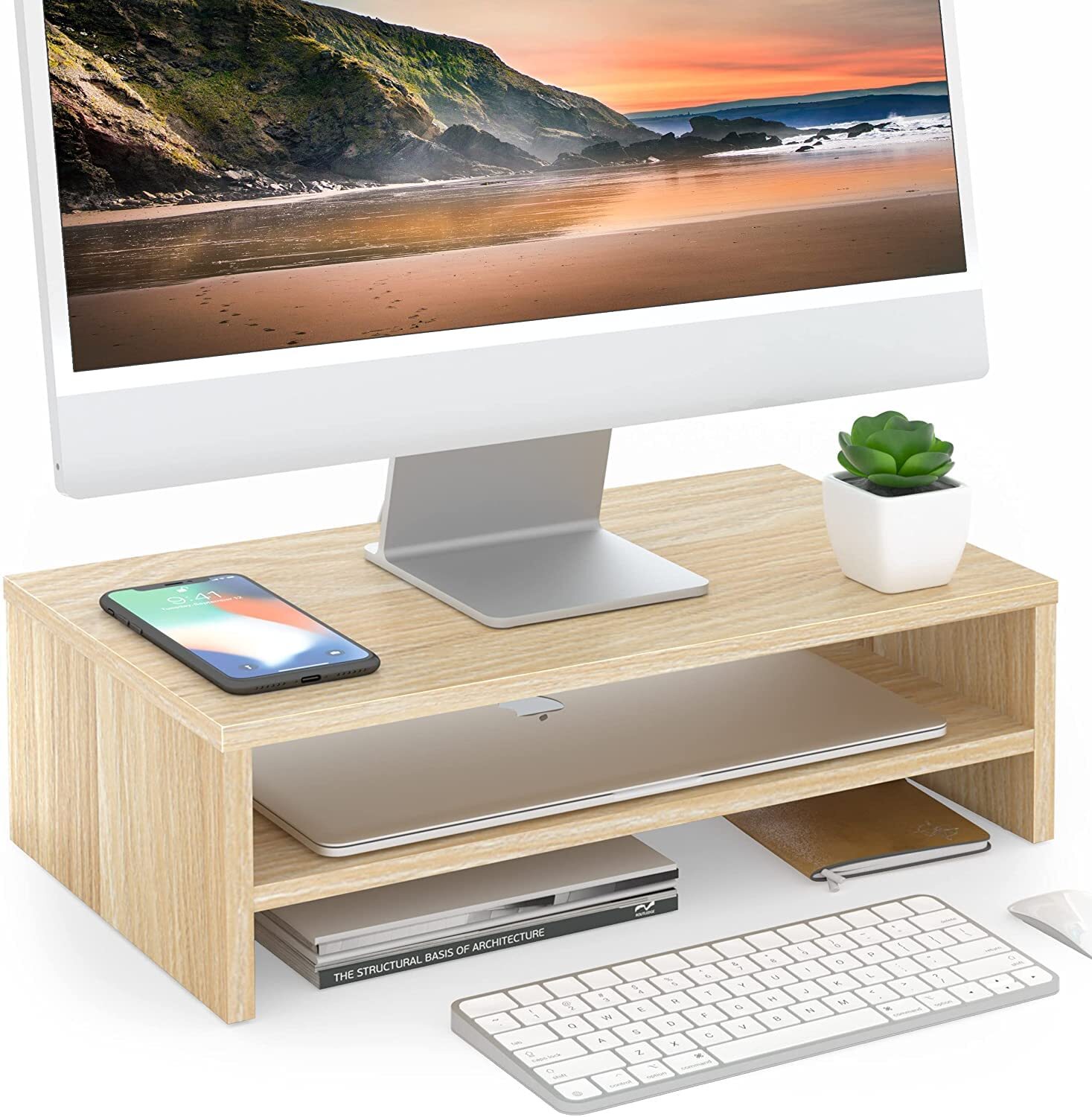 Monitor Stand - 2 Tier Computer Monitor Riser with 16.7 Inch Shelf, Wood Desk...-image