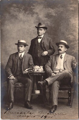 THREE WELL-DRESSED GENTLEMEN : BRUSSELS, BELGIUM : TEA & FASHION : RPPC 1905