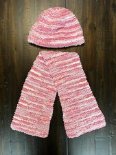 Handmade Pink White Knit Winter Hat Beanie Cap and Scarf Infant Girl Soft Cute