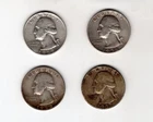 Lot of 4 90% silver 1950's Washington Quarters (pre 1964) $1.00 face