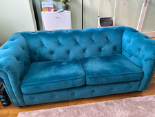 DFS Blue Velvet Chesterfield Tufted 3 Seater Sofa w/ Cushions 207cm