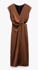 Zara ladies size XS (UK 6/8) brown satin cut out midi dress Xmas party