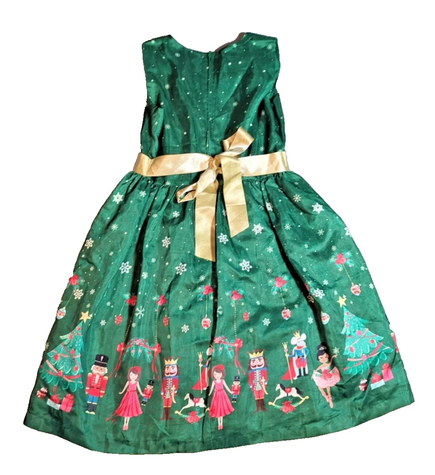 Bonnie Jean Green Nutcracker-Themed Holiday Dress Gold Bow Lined Size 14 - Image 3 of 4