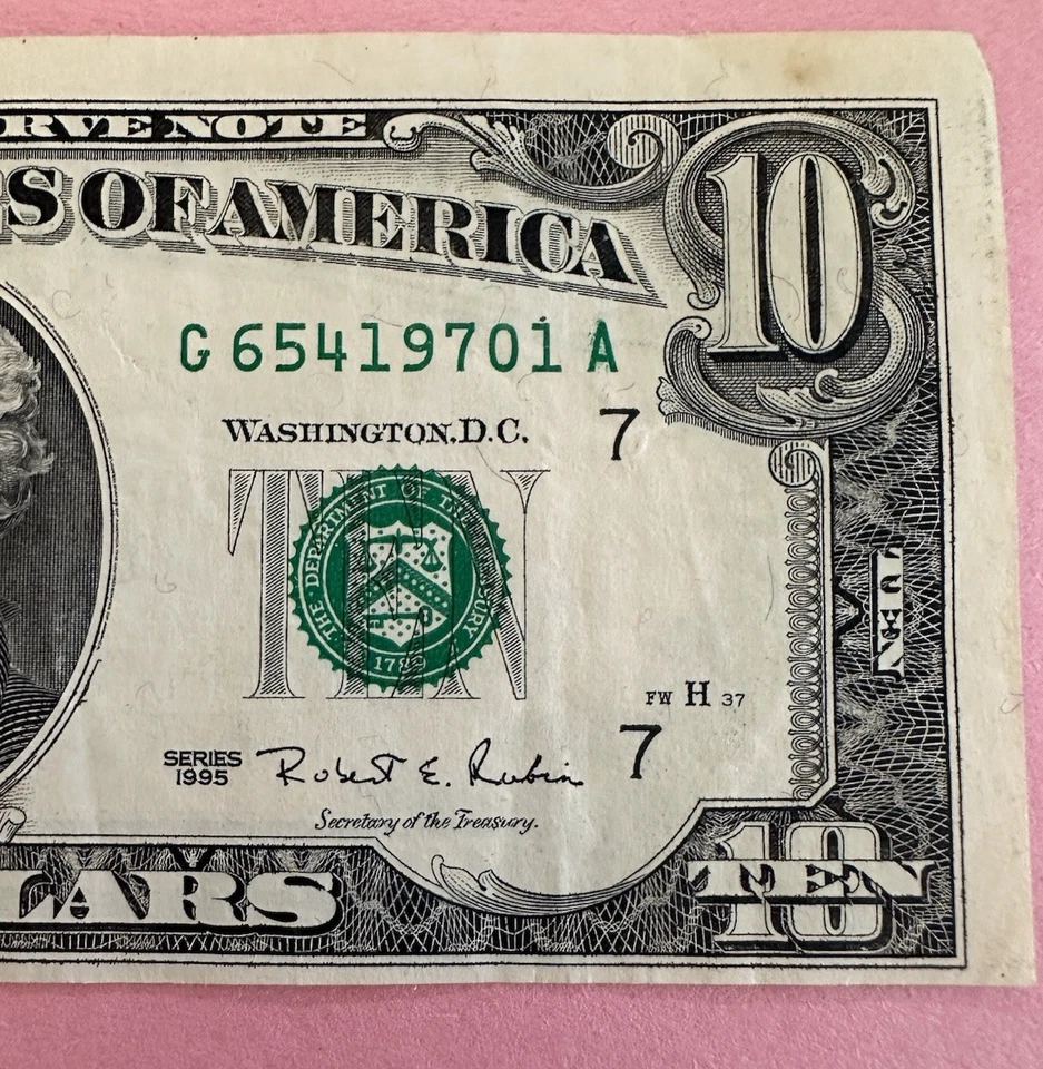 Billete de diez dólares 1995 G65419701A desalineado nítido desplegado Chicago BUENO Foto 3 de 4