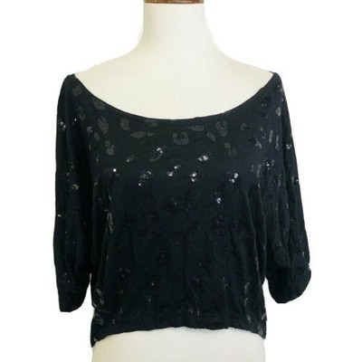 Bebe Sequin Party Club Blouse Black Slouchy Shark Bite Hem Cropped Top Size M/L