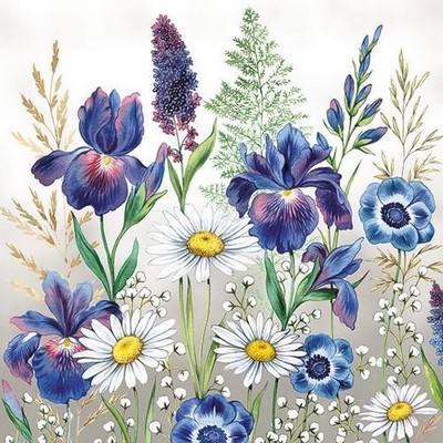 20 Servietten Mixed Meadow Flowers Wiese Blumen blau Garten Frühling 33x33cm