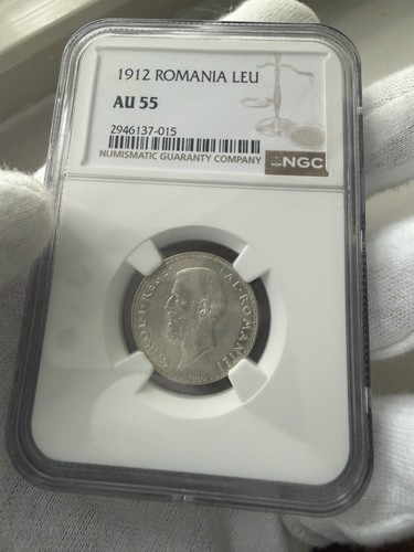 1912 Romania 1 Leu NGC AU55