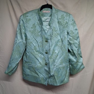 Nicola Women Size 12 Mint Green Satin Embroidered Tree Branch Button Up Blazer