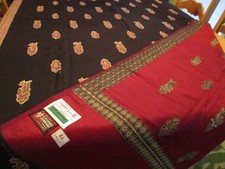 Vintage Kashmiri Shawl India Machine Made Wool Jamavar Black Gold Red 48x94 NWT