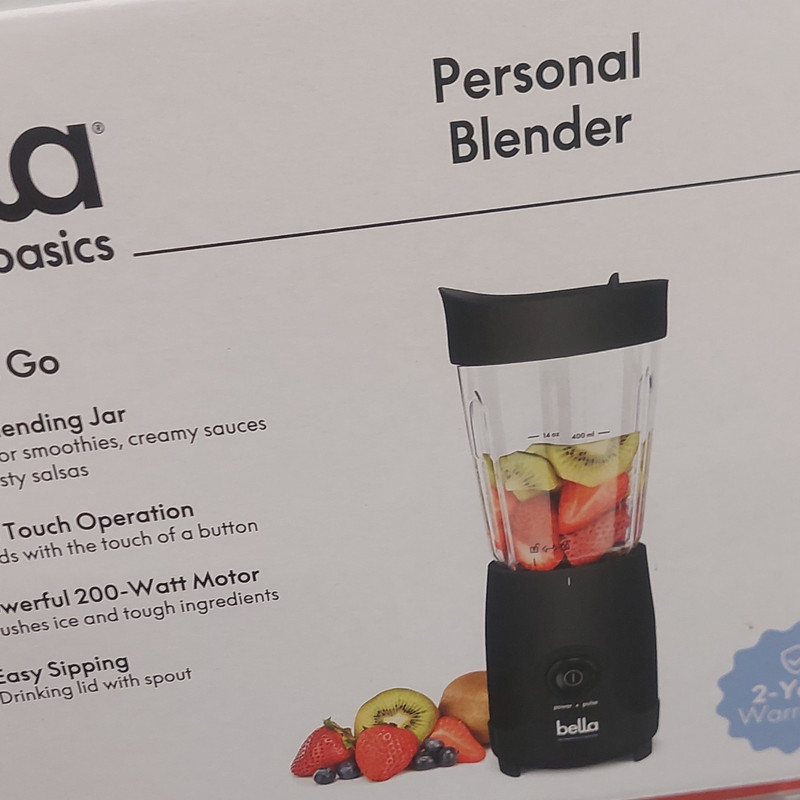 Bella Basics Personal Blender 14oz Black 200W BPA-Free w/ Base Jar Lid