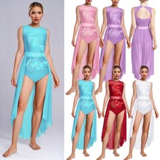 Women Dress Lyrical Leotard Ballet Dancewear Contemporary Round Neck Applique