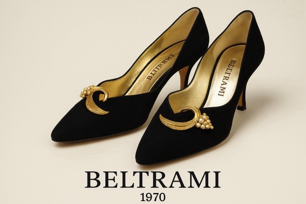 BELTRAMI Vintage Años 70 Gamuza Negra Tacones Hoja Dorada y Detalle Perla TALLA 6 ITALIA