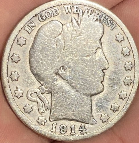 1914 50C Barber Silver Half Dollar Rare Key Date Good Detail Cleaned Coin