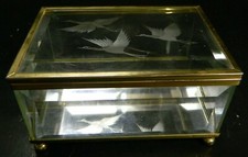Vintage Etched Birds on Hinged Beveled Glass  Brass Trinket Box Excellent