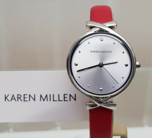 KAREN MILLEN Ladies Watch Red leather strap Quartz RRP £189 NEW (KM50 - Afbeelding 1 van 12