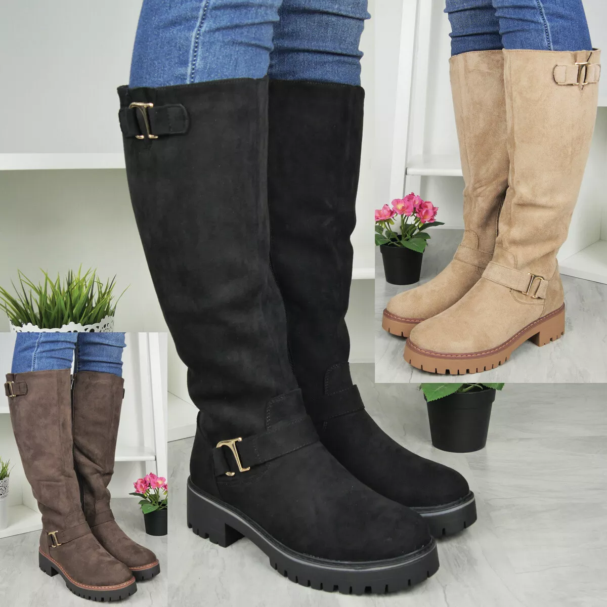 Wide Calf Boots Shoes Womens Casual Smart Work Comfy Lined Warm Grip Size