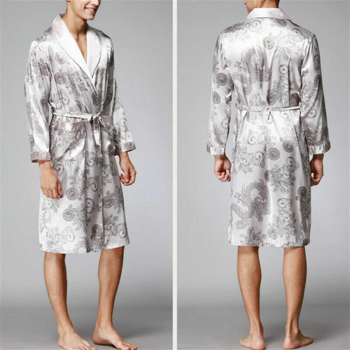 Men Satin Pajamas Robe Dragon Bathrobe Dress Gown Kimono Night Loungewear - Bild 5 von 20