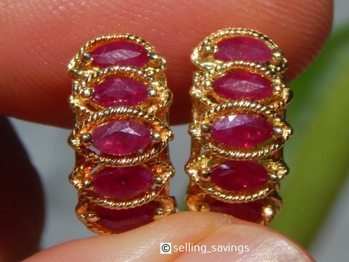 14K YELLOW GOLD 1.50 TCW RUBY THREE TIER 6/10th INCH OMEGA BACK EARRINGS - Picture 6 of 11