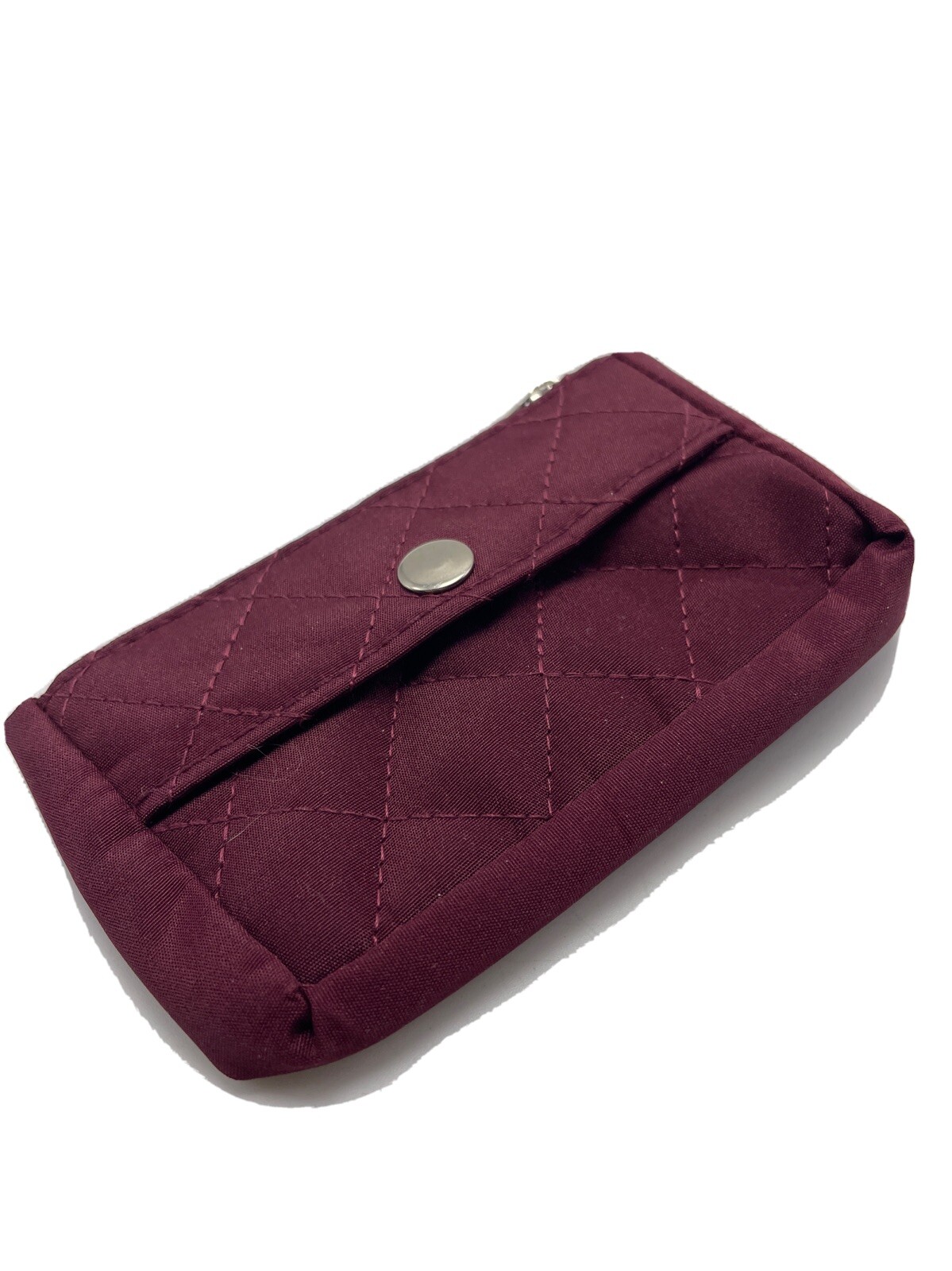 Burgundy Quilted Fabric Womens Wallet with Zipper Snap Key Ring Compact Design-image