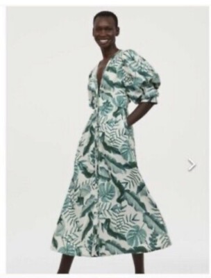 H\u0026M Johanna Ortiz White Green Leaf Print Linen Blend Dress Size 10 | eBay UK