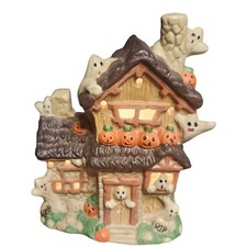 Halloween Spooky Light Up Haunted House 6.25" Porcelain Ghosts Jack O Lanterns
