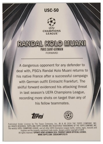 RANDAL KOLO MUANI - 2023-24 Topps UEFA Club Ult Stg Chrome Blue SN #USC-50 #/150 - Picture 2 of 2