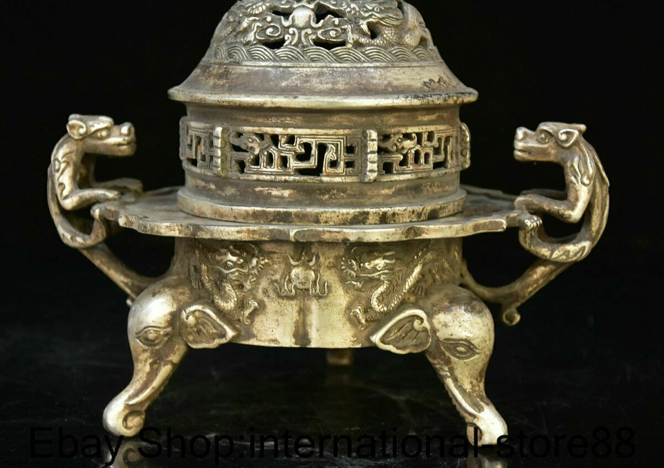 8.2" Marcado Antigua China Plata Talla Dinastía Oreja de Dragón Elefante Pie Censario Foto 3 de 4
