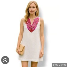 J.Crew Linen Shift Dress | White with Red Embroidery | Petite Medium | Pockets