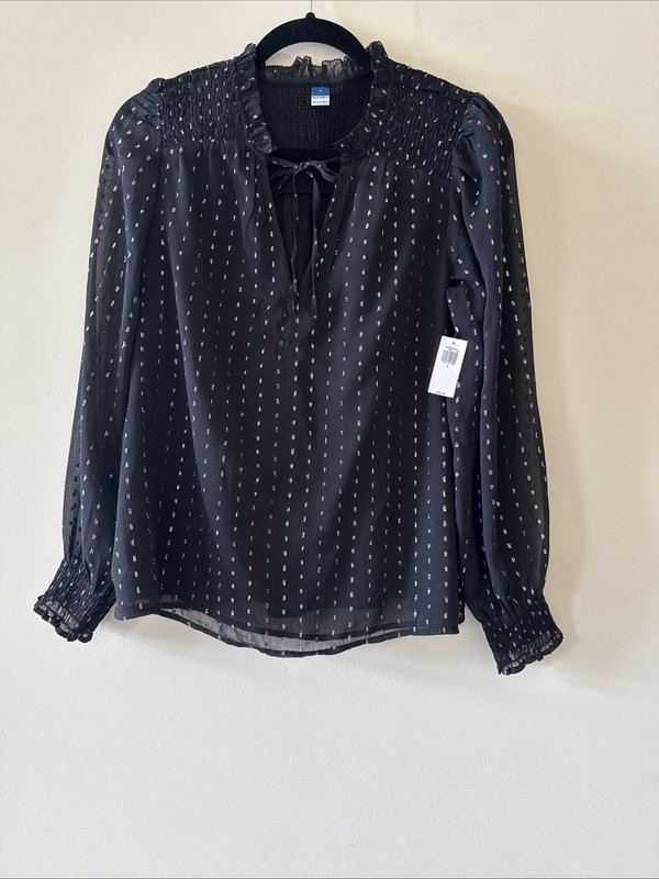 Old Navy Black Long Sleeve Blouse With Metallic Pattern Size Small Semi Sheer