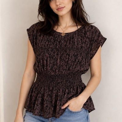 Universal Thread Brown/Black Abstract Peplum Round Neck Sleeveless Blouse Large