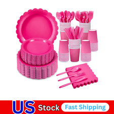 350 Pcs Hot Pink Paper Plates and Napkins, 50 Guest Hot Pink Party Supplies Incl