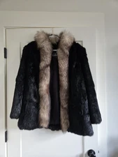 Vintage 80s NIKI Black Rabbit Fur Jacket Coat Fox Trim Medium Rockstar Grunge