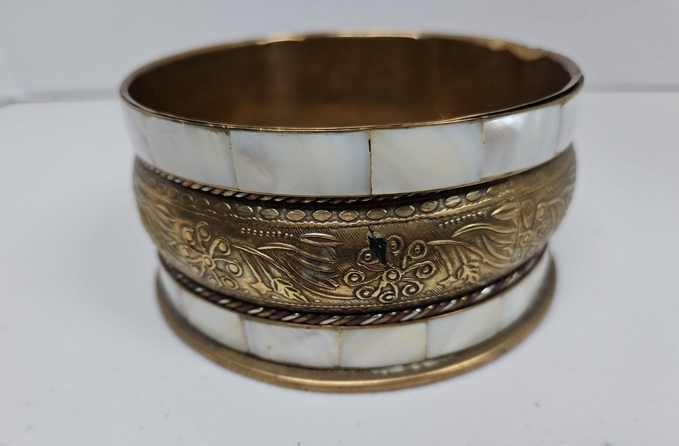 Vintage Brass and Mother Of Pearl Floral Design Trinket Box Dish
