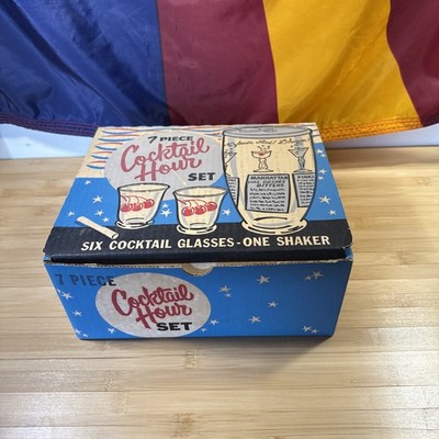 MCM Anchor Hocking Cocktail/Hour Set Shaker & Glasses Original Box Fun Graphic