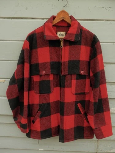 Vtg 1960's Zippered Woolrich Buffalo Plaid Wool Hunting Jacket W/Game Pocket 42
