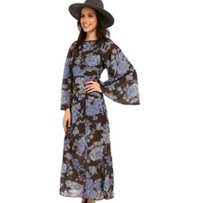 Free People Melrose Sz 0 Blue Black Floral Bell Sleeve Open Criss Cross Back