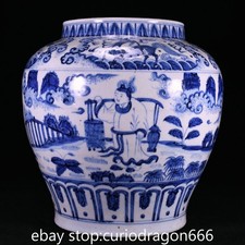 14" Alte Yuan blaue wei&szlig;e Porzellan Charakter Geschichte Crock Pot Jar