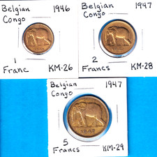 1946-47 Belgian Congo 3-coin set (1-, 2-, 5-Francs) Brass [African elephants]
