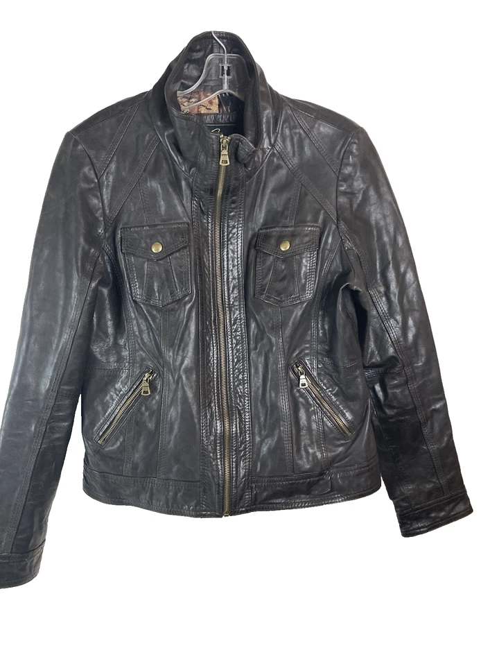 Chaqueta Bomber De Colección Y2K Guess Cuero Cremallera Bolsillos Talla Mediana Marrón Foto 2 de 4