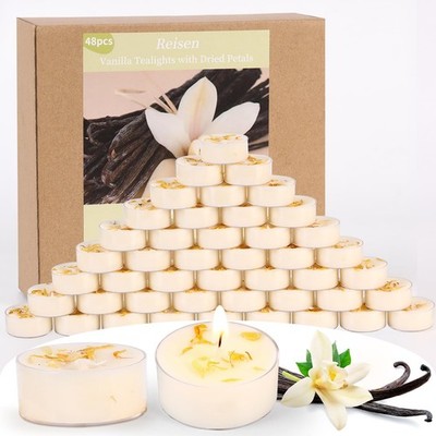 48 PCS Vanilla Scented Tealight Candles Palm Wax White 4h Burn Dried Flowers