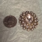 Gold Tone Oval Brooch Pin w/ Clear Oval Rhinestone Bezel Set Faux Pearl — photo 1