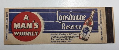 Full Length Matchbook Cover Lansdowne Reserve Man s Whiskey Grace, Maryland