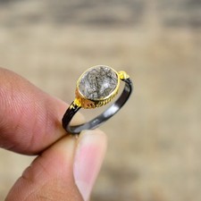 Black Rutilated Quartz - Brazil 925 Sterling Silver Ring S.Adjustable R87136