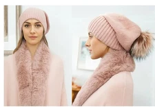 NWT Selene L Pink Beanie Faux Fur Pom Slouchy Knit Winter Ribbed Cuff Design