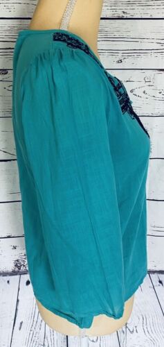 Camicetta donna Angie piccola blu maniche 3/4 scollo a V blu nera ricamo cotone - Foto 4 di 9