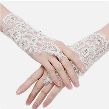 White Lace Rhinestone Wedding Gloves New in Package One size