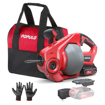 POPULO 20V Cordless Electric Drain Auger,25Ft Auto Feed Plumbing Snake Drain 