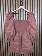 Reformation Mini Dress 2 / XS Womens Brown Smocked Peasant Dunes Puff Sleeve